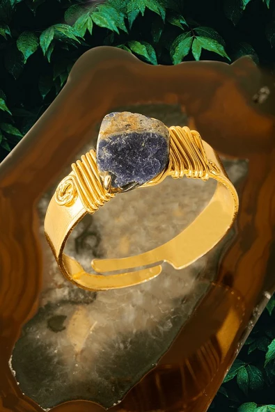 Sertifikalı Kalın Tımbıl Gold Model Azurit Taşı Yüzük - Ayarlamalı