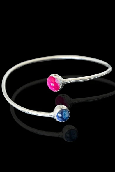 Sertifikalı Gümüş Renk Kelepçe Model Bileklik - (Pembe Akik - Mavi Akik Taşı) - Resim 3