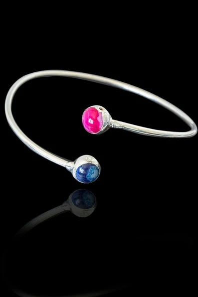 Sertifikalı Gümüş Renk Kelepçe Model Bileklik - (Pembe Akik - Mavi Akik Taşı) - Resim 2