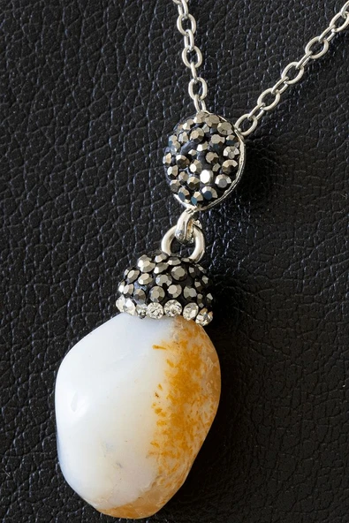 Sertifikalı Zirkon Taşlı Ham Beyaz - Sarı Akik Taşı Kolye ürün görseli