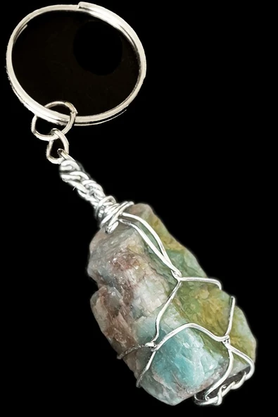 Sertifikalı Gümüş Ham Amazonit Taşı Anahtarlık - Tel Sargılı ürün görseli