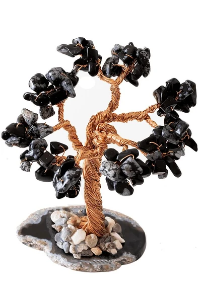 Sertifikalı Gerçek Karlı Obsidyen Taşı Ağaç - Akik Plakalı - Resim 2