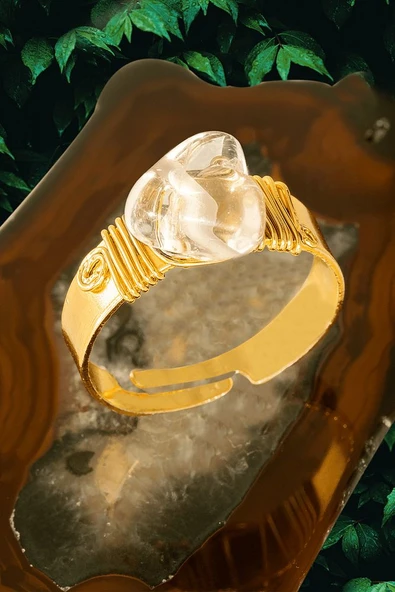 Sertifikalı Kalın Tımbıl Gold Model Kristal Kuvars Taşı Yüzük - Ayarlamalı