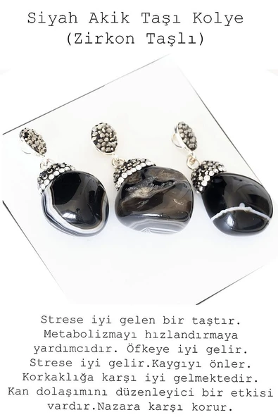 Sertifikalı Ham Zirkon Taşlı Model Siyah Akik Taşı Kolye - Resim 2