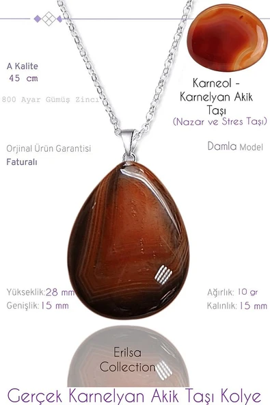 Sertifikalı Damla Model Karnelyan Akik Taşı Kolye - Küçük Boy