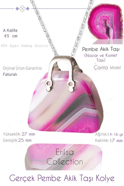 Sertifikalı Çanta Model Pembe Akik Taşı Kolye
