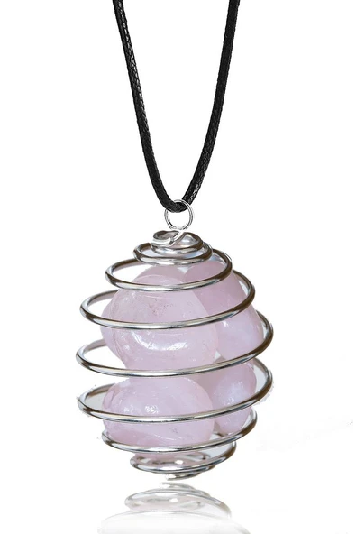 Sertifikalı Tel Sargılı Kafes Model Pembe Kuvars Taşı Kolye ürün görseli