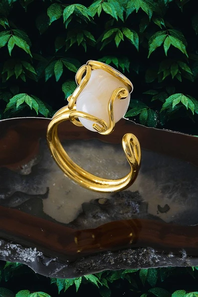 Sertifikalı Rokoko Model Beyaz Akik Taşı Yüzük - Ayarlamalı ürün görseli