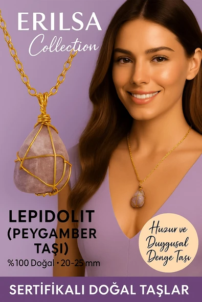 Sertifikalı Gold Renkli Doğal Lepidolit (Peygamber Taşı) Kolye – Huzur ve Duygusal Denge Taşı ürün görseli