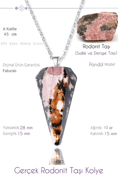 Sertifikalı Pandül Model Rodonit Taşı Kolye ürün görseli