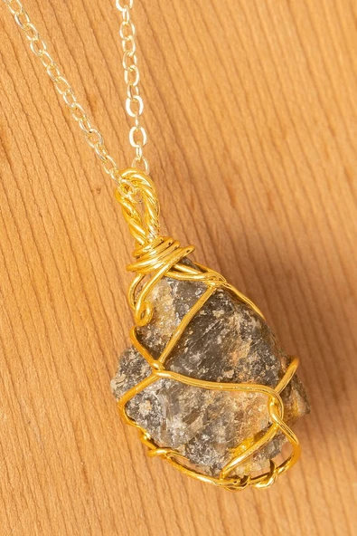Sertifikalı Gold Tel Sargılı Ham Labradorit Taşı Kolye - Resim 2