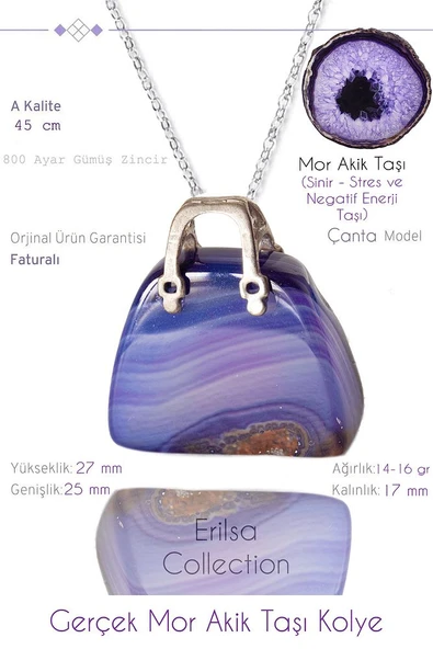 Sertifikalı Çanta Model Mor Akik Taşı Kolye