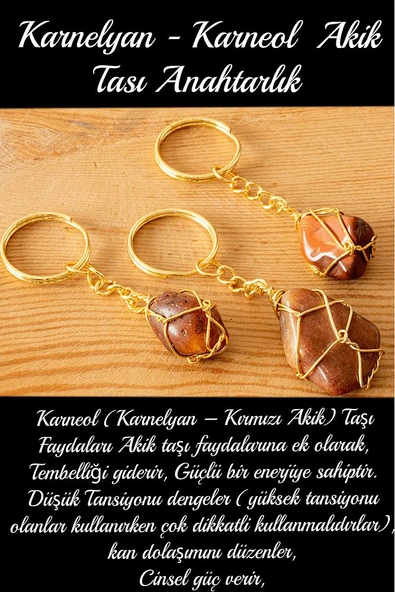 Sertifikalı Ham Karnelyan Karneol Akik Taşı Anahtarlık - Altın Kaplama - 2