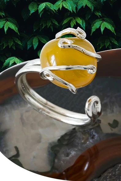 Sertifikalı Gümüş Rokoko Model Sarı Akik Taşı Yüzük - Ayarlamalı ürün görseli