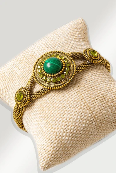 Sertifikalı Zebercet İşlemeli Model Malahit Taşı Bileklik - Ayarlamalı ürün görseli