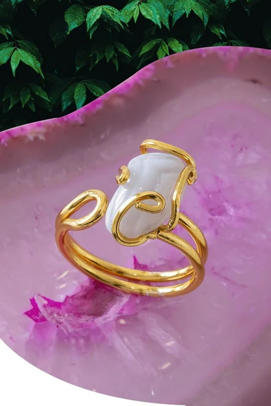 Sertifikalı Gold Rokoko Model Beyaz Akik Taşı Yüzük - Ayarlamalı