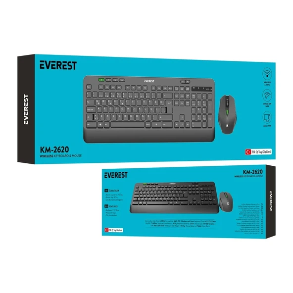 EVEREST KM-2620 USB Sessiz Switch Kablosuz Siyah Q Multimedia Klavye + Mouse