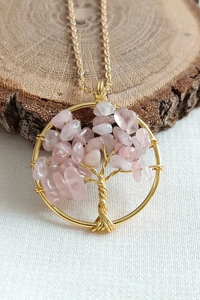Sertifalı Gold Pembe Kuvars Taşı Hayat Ağacı Kolye