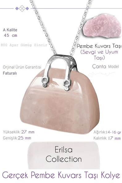 Sertifikalı Çanta Model Pembe Kuvars Taşı Kolye