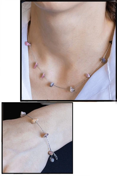 Sertifikalı Rodonit Taşlı Doğal Taş Kolye Bileklik Seti