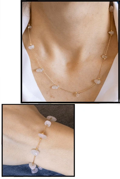 Sertifikalı Pembe Kuvars Taşlı Doğal Taş Kolye Bileklik Seti