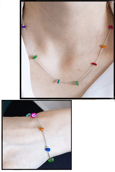 Sertifikalı Renkli Sedef Taşlı Doğal Taş Kolye Bileklik Seti