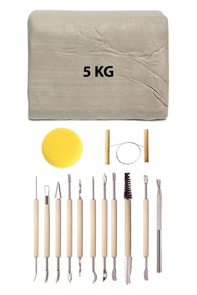 Beyaz Seramik Hamuru 5 kg Kil Modelaj Oyma Seramik Detay Seti 11'li Kesme Teli Seramik Rötuş Süngeri