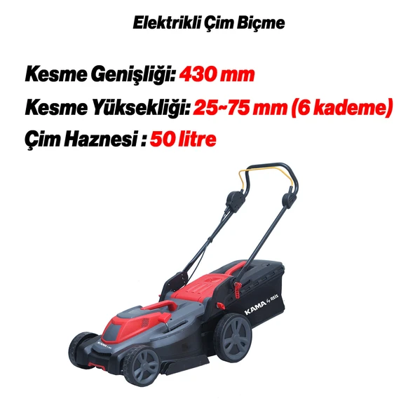 Kama ECBM43 Elektrikli Çim Biçme Makinası Çim Kesme Makinesi 1800 W - 2