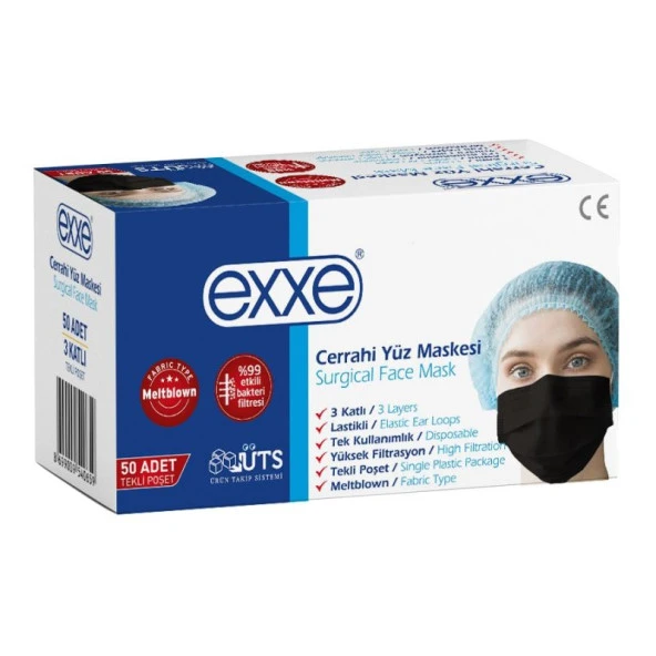 Maske  Meltblown Exxe 50Lı Teklı Poset Sıyah