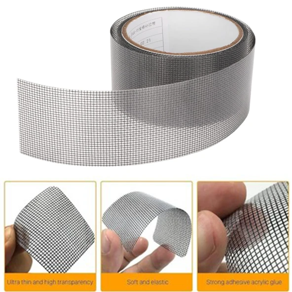 Yapışkanlı Sineklik Tülü Tamir Bandı Yırtık Kopmuş Delik Fiber Tül Yapıştırma 48 mm x 2 Metre Siyah - 3