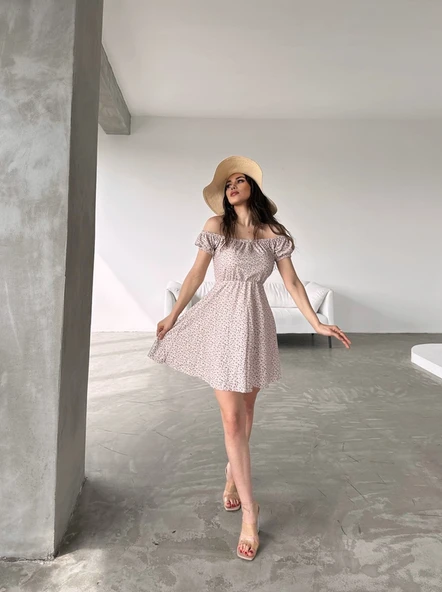 Madonna Yaka Çiçek Desenli Pudra Elbise - 2