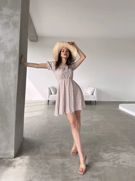 Madonna Yaka Çiçek Desenli Pudra Elbise - 3