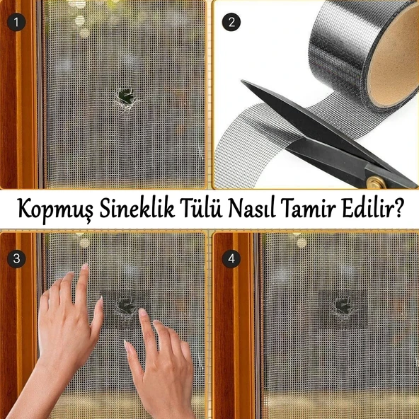 Yapışkanlı Sineklik Tülü Tamir Bandı Yırtık Kopmuş Delik Fiber Tül Yapıştırma 48 mm x 2 Metre Siyah - 2