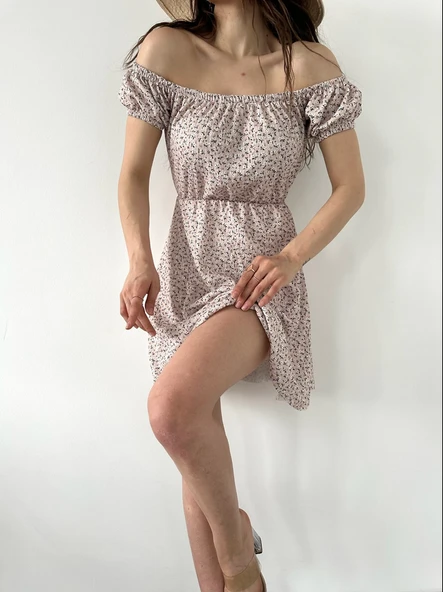 Madonna Yaka Çiçek Desenli Pudra Elbise - 4