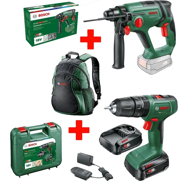 Bosch EasyImpact 18V-40 2,0 Ah Çift Akülü Matkap 2,0 Ah + Universalhammer 18v Kırıcı Delici (SOLO - Aküsüz) + Bosch Sırt Çantası