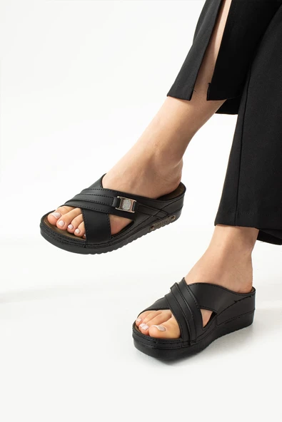 Albishoes Lina Kadın Anatomik Esnek Parlak Taş Tokalı Çapraz Şerit Comfort Rahat Günlük Anne Terlik - 2