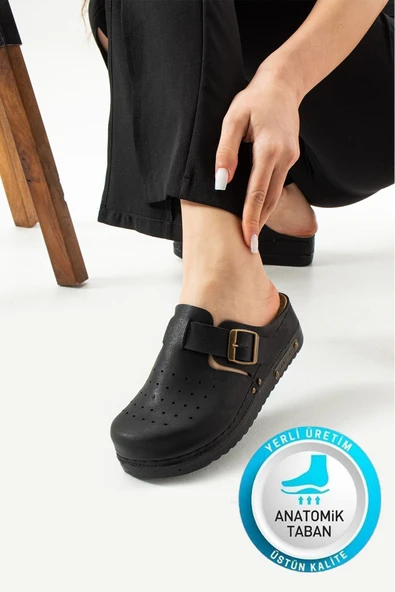 Albishoes Berry Hafif Topuklu 5 CM Anatomik Önü Kapalı Tokalı Rahat Esnek Hemşire Günlük Ev Terlik