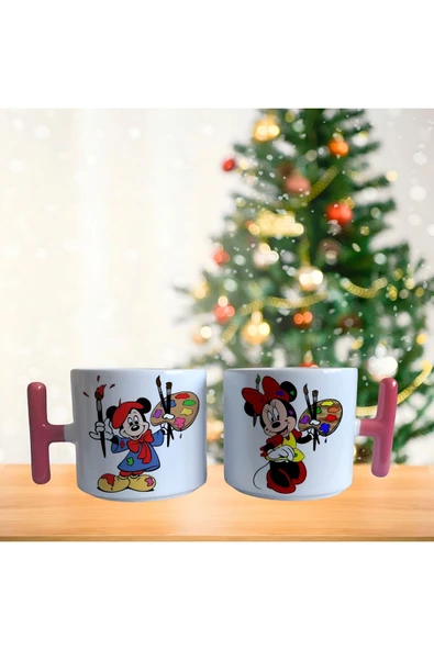 Ressam mickey ve minnie mouse kahve fincan takımı
