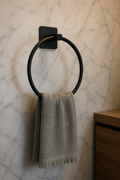 Yapışkanlı Siyah 4’lü Banyo & Mutfak Havluluk Seti – WC Kağıtlık, Rulo, Çember & Uzun Havlu Askısı - 3