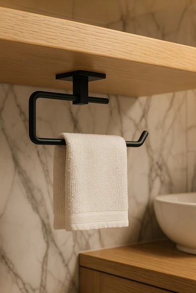 Yapışkanlı Siyah 4’lü Banyo & Mutfak Havluluk Seti – WC Kağıtlık, Rulo, Çember & Uzun Havlu Askısı - 5