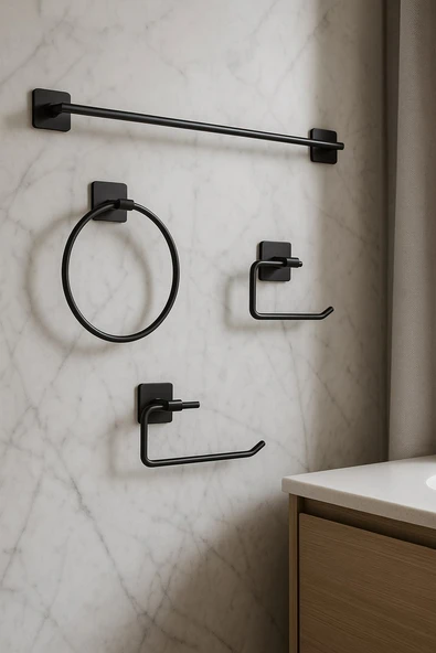 Yapışkanlı Siyah 4’lü Banyo & Mutfak Havluluk Seti – WC Kağıtlık, Rulo, Çember & Uzun Havlu Askısı