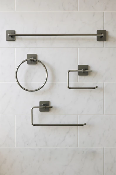 Yapışkanlı Krom 4’lü Banyo & Mutfak Havluluk Seti – WC Kağıtlık, Rulo, Çember & Uzun Havlu Askısı