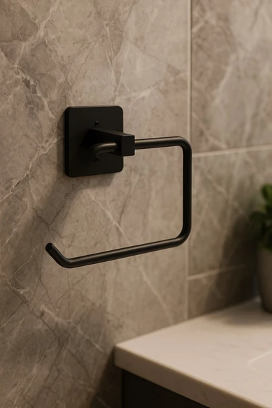 Yapışkanlı Siyah 4’lü Banyo & Mutfak Havluluk Seti – WC Kağıtlık, Rulo, Çember & Uzun Havlu Askısı - 4