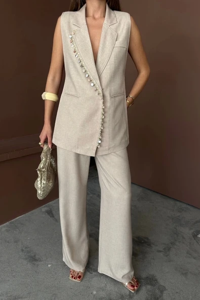 YAKA MİDYE KABUĞU SIRALI YELEK - PANTOLONTAKIM KETEN KUMAŞ - Ham - 2