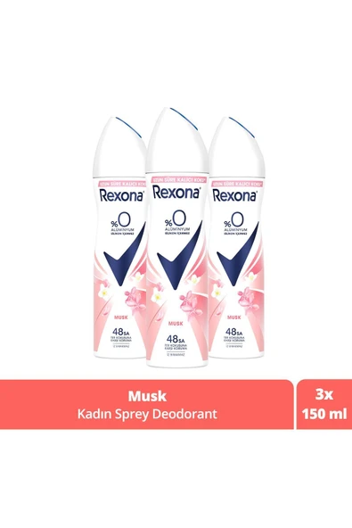 Rexona Kadın Sprey Deodorant Musk %0 Alüminyum 48 Saat Ter Kokusuna Karşı Koruma 150 ml X3