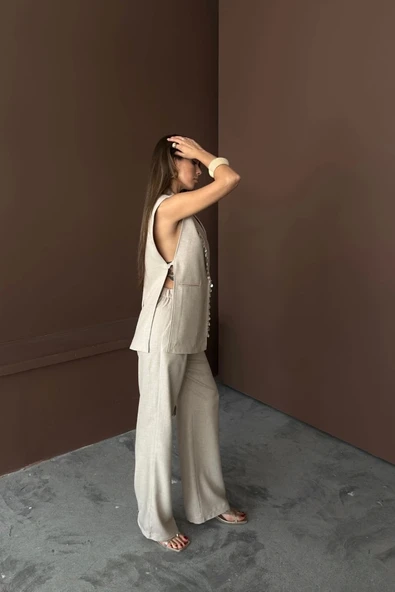 YAKA MİDYE KABUĞU SIRALI YELEK - PANTOLONTAKIM KETEN KUMAŞ - Ham - 3