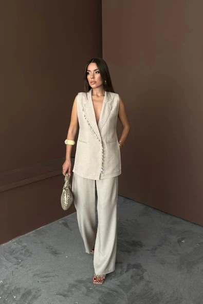 YAKA MİDYE KABUĞU SIRALI YELEK - PANTOLONTAKIM KETEN KUMAŞ - Ham