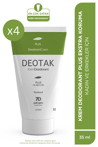 Deotak Plus Ekstra Koruma 7 Güne Kadar Etkili Krem Deodorant 35 ml x 4 Adet