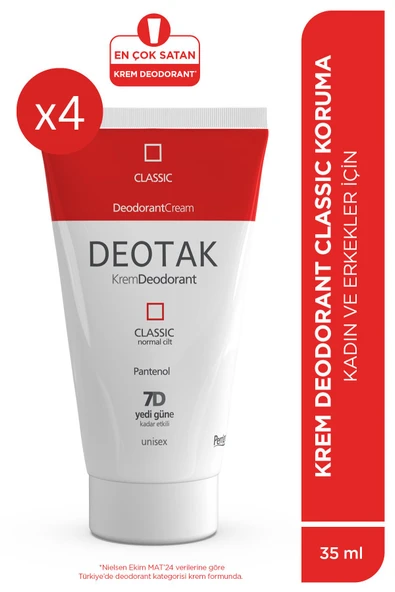 Deotak Classic Koruma 7 Güne Kadar Etkili Krem Deodorant 35 ml x 4 Adet