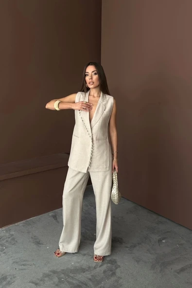 YAKA MİDYE KABUĞU SIRALI YELEK - PANTOLONTAKIM KETEN KUMAŞ - Ham - 4